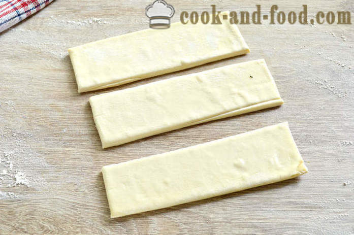 Pie Schnecke aus dem fertigen Blätterteig - wie eine Schicht Kuchen zu backen, die Schnecke mit Käse und Wurst, einen Schritt für Schritt Rezept Fotos