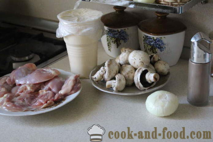 Hähnchenschenkel ohne Knochen mit Pilzen in dem Ofen - wie man ein leckeres Hähnchenschenkel in dem Ofen kochen, mit einem Schritt für Schritt Rezept Fotos