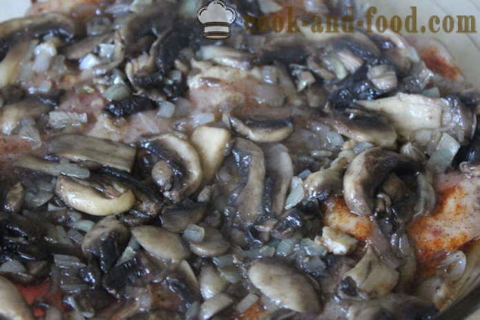 Hähnchenschenkel ohne Knochen mit Pilzen in dem Ofen - wie man ein leckeres Hähnchenschenkel in dem Ofen kochen, mit einem Schritt für Schritt Rezept Fotos