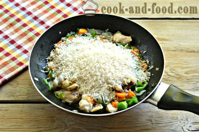Reis mit Gemüse und Huhn - beide sind köstlich Huhn kochen Reis in einer Pfanne, ein Schritt für Schritt Rezept Fotos