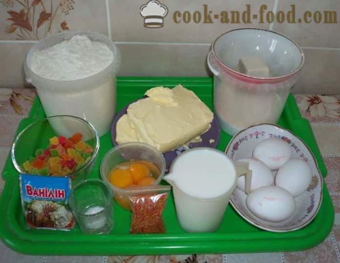 Saffron Kuchen mit Puderzucker Protein - wie man einen Kuchen mit Zuckerglasur kochen, einen Schritt für Schritt Rezept Fotos