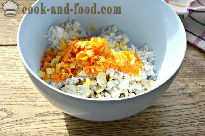 Tasty Füllung Reis mit Hühnerfleisch, Zwiebeln und Karotten - wie ein Huhn Füllung für Kuchen und Torten zu kochen, einen Schritt für Schritt Rezept Fotos