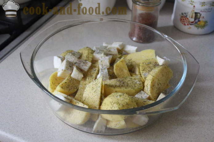 Kartoffeln und Sellerie in dem Ofen - als schmackhaftes Gemüse im Ofen backen, mit einem Schritt für Schritt Rezept Fotos