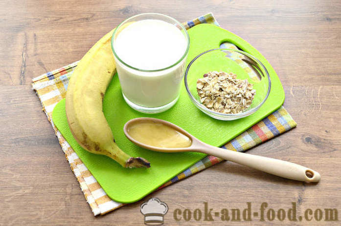Banana Smoothie mit Haferflocken - wie eine Banane-Smoothie mit Milch zu machen und Haferflocken in einem Mixer, Schritt für Schritt Rezept Fotos