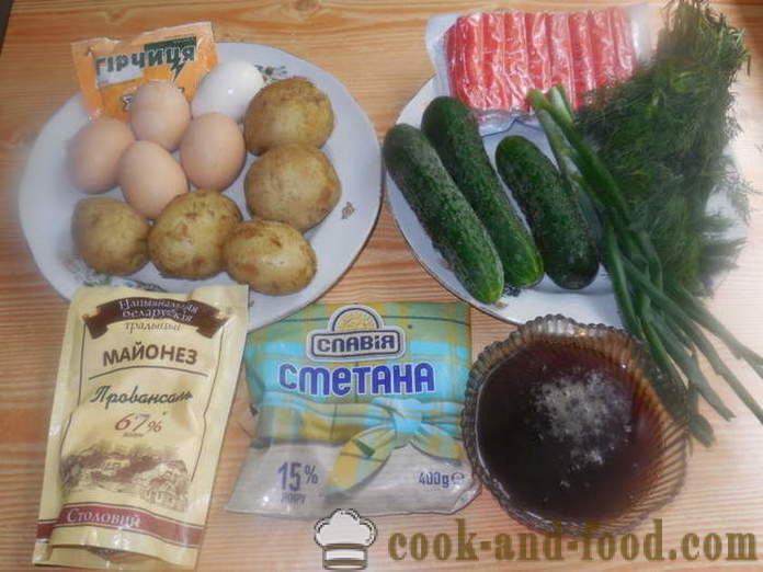 Köstliches auf Kwas mit Krabben-Sticks - wie man ein leckeres okroshka auf Kwas kochen, einen Schritt für Schritt Rezept Fotos