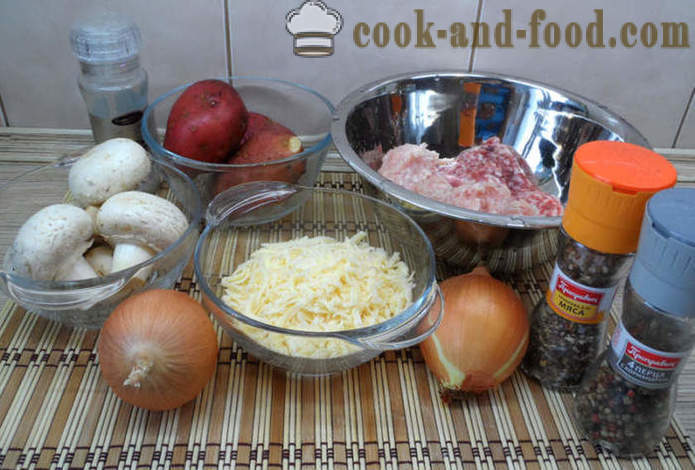 Blätterteigpasteten im Ofen gebacken mit Pilzen und Soße - wie saftig Frikadellen kochen in dem Ofen, mit einem Schritt für Schritt Rezept Fotos