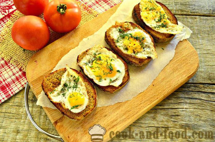 Französisch Toast mit Ei und Gemüse auf einer Bratpfanne - wie einen Toast mit einem Ei zum Frühstück zu machen, Schritt für Schritt Rezept Fotos