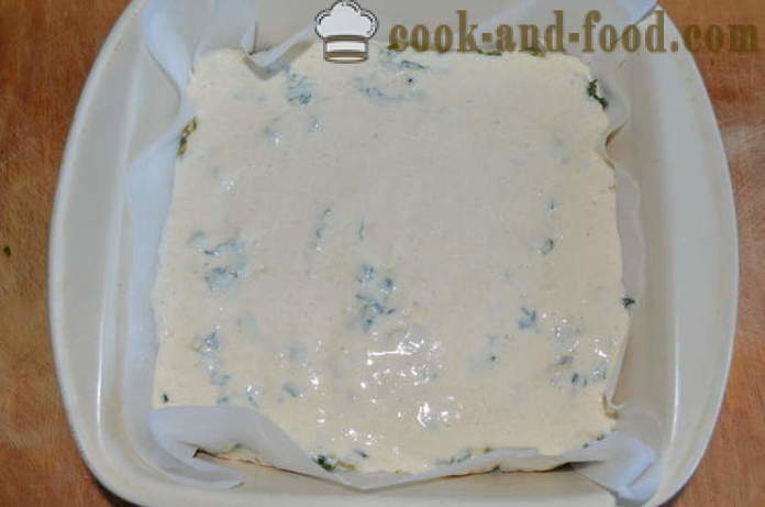 Schnell Füllstoff Kuchen auf Joghurt mit Spinat, Ei und Frühlingszwiebeln - wie gelierte Kuchen mit Kefir, einen Schritt für Schritt Rezept Fotos vorzubereiten
