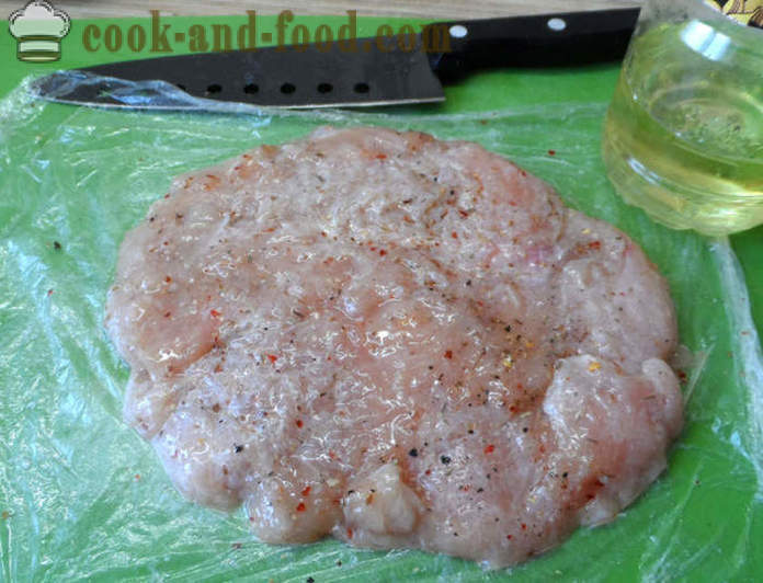 Hähnchenfleisch mit Käse im Ofen - wie Koteletts zu kochen Huhn ist schmackhaft, mit einem Schritt für Schritt Rezept Fotos