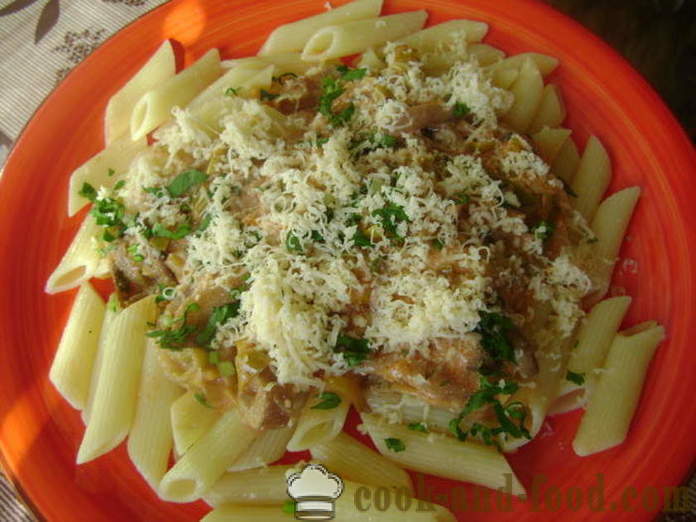 Pasta mit Sahnesauce mit Champignons, Lauch und Tomaten - wie Pilze kochen mit Pasta schmackhaft, mit einem Schritt für Schritt Rezept Fotos