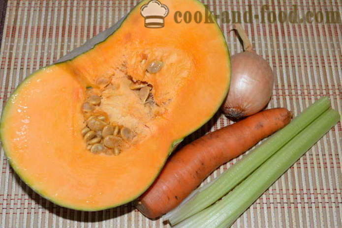 Kürbiscreme, Karotten und Sellerie ohne Sahne - wie eine leckere Kürbissuppe zu kochen, einen Schritt für Schritt Rezept Fotos