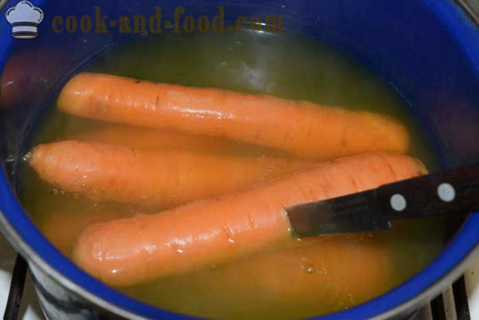 Wie Karottensalat und russischen Salat zu kochen - wie die Möhren in einem Topf zum Kochen, mit einem Schritt für Schritt Rezept Fotos