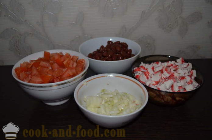 Einfacher Salat von roten Bohnen mit Tomaten - wie einen Salat mit roten Bohnen vorzubereiten, einen Schritt für Schritt Rezept Fotos