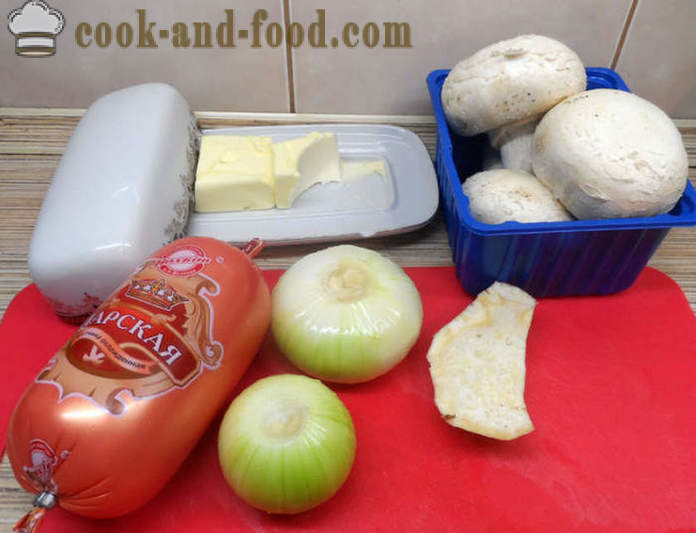 Pilze gefüllt mit Schinken und Käse - wie gefüllte Pilze im Ofen herzustellen, mit einem Schritt für Schritt Rezept Fotos