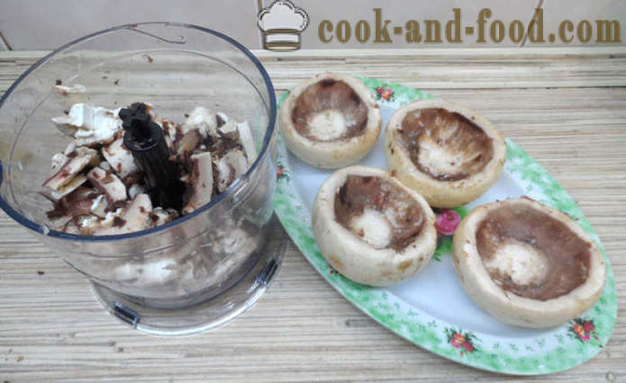Pilze gefüllt mit Schinken und Käse - wie gefüllte Pilze im Ofen herzustellen, mit einem Schritt für Schritt Rezept Fotos