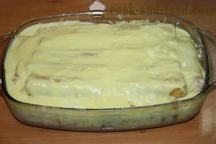 Cannelloni mit Füllung im Ofen in einer cremigen Sauce - wie Cannelloni kocht mit Hackfleisch in dem Ofen, mit einem Schritt für Schritt Rezept Fotos