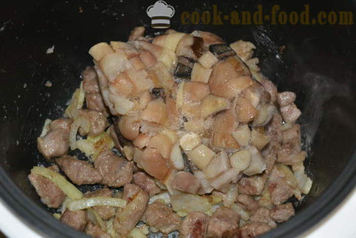 Schweinefleisch mit Pilzen in multivarka wie Gulasch - wie Schweinefleisch kocht mit Pilzen in multivarka, Schritt für Schritt Rezept Fotos