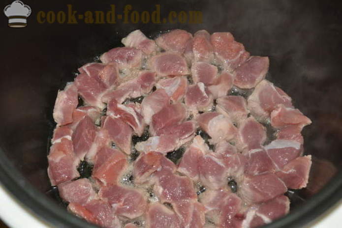 Schweinefleisch mit Pilzen in multivarka wie Gulasch - wie Schweinefleisch kocht mit Pilzen in multivarka, Schritt für Schritt Rezept Fotos