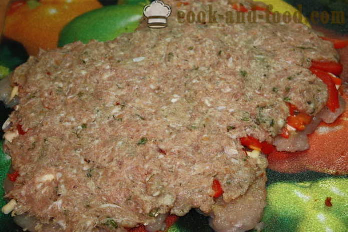 Meatloaf Hähnchenbrust mit Pilzen und Hackfleisch in dem Ofen gestopft - wie ein Hackbraten zu Hause, Schritt für Schritt Rezept Fotos kochen
