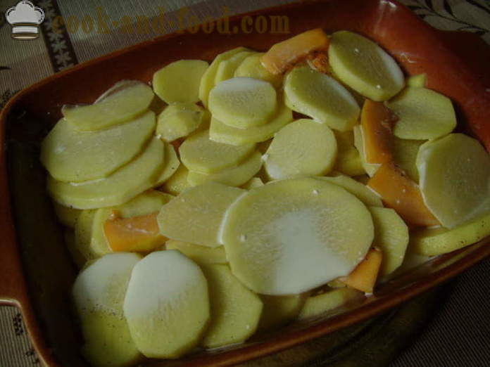 Gebackene Kartoffeln mit Kürbis und Sahne - wie Kartoffeln im Ofen mit Kürbis zu kochen, mit einem Schritt für Schritt Rezept Fotos