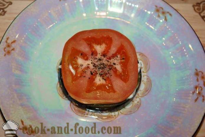 Kalte Vorspeise von Auberginen mit Tomaten und Mozzarella - wie auf einem festlich gedeckten Tisch Vorspeise aus Auberginen zu kochen, einen Schritt für Schritt Rezept Fotos