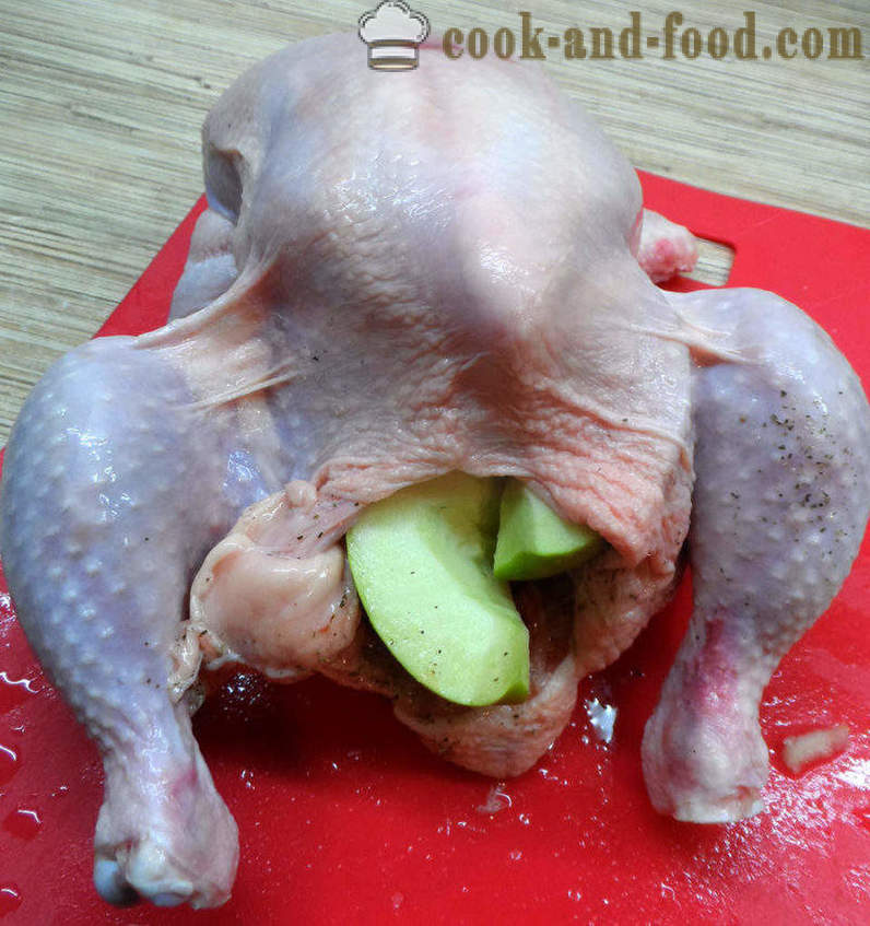 Huhn gebacken mit Äpfeln in Aerogrill - wie Huhn ganz backen, Schritt für Schritt Rezept Fotos