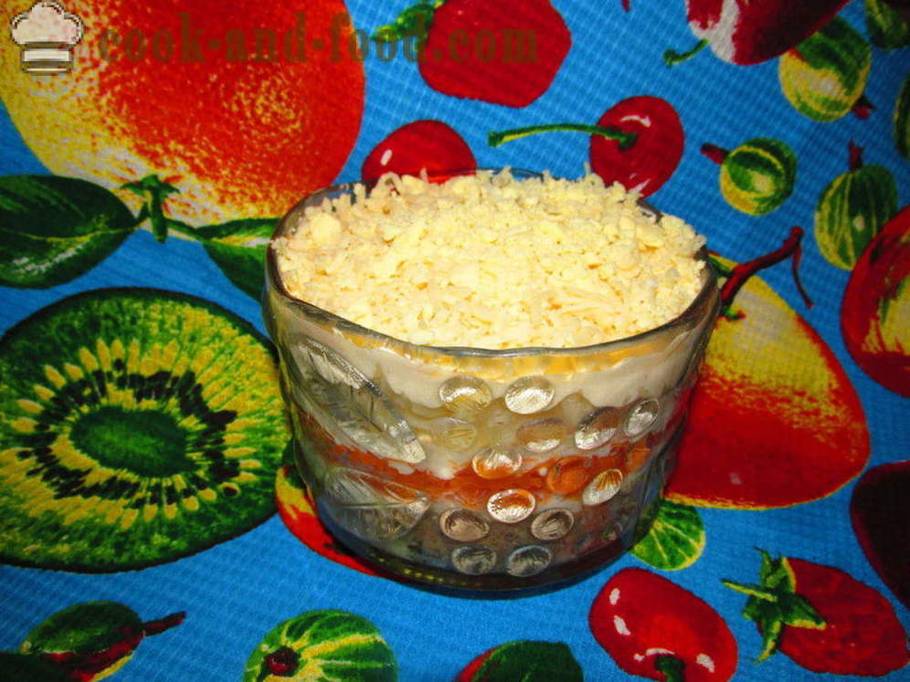 Mimosa Salat mit Konserven und Schmelzkäse - wie einen Salat mit Mimosa Canned ohne Öl herzustellen, Schritt für Schritt Rezept Fotos