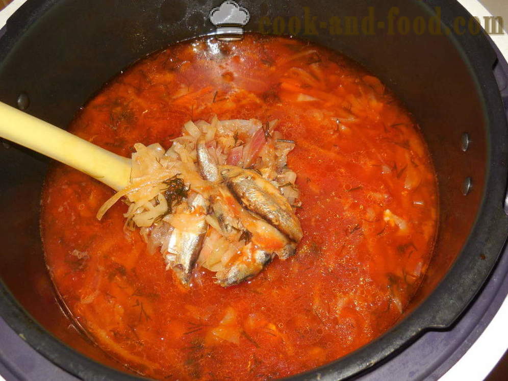 Gemüsesuppe mit Sardinen in Tomatensauce in multivarka - wie Gemüsesuppe mit Sardellen zu kochen, einen Schritt für Schritt Rezept Fotos