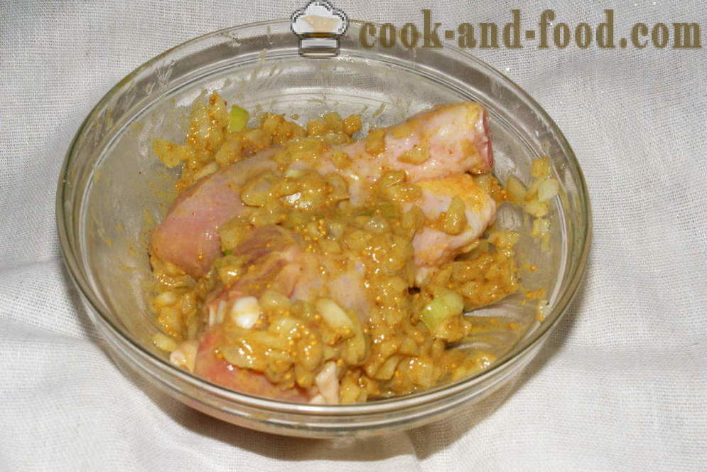 Hähnchen in Senfsauce in dem Ofen - wie ein Huhn kochen im Ofen mit Kartoffeln und Kürbis, mit einem Schritt für Schritt Rezept Fotos