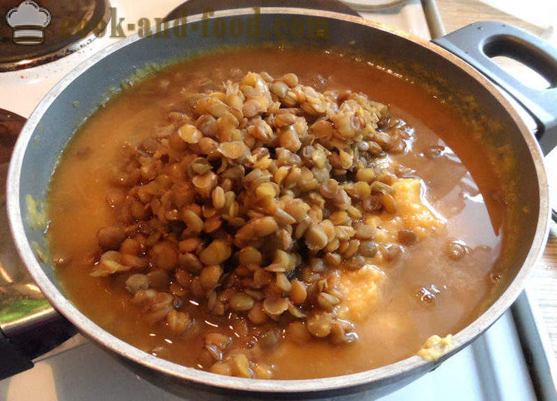 Kürbis und Linsensuppe - wie Suppe aus braunen Linsen zu kochen, Schritt für Schritt Rezept Fotos