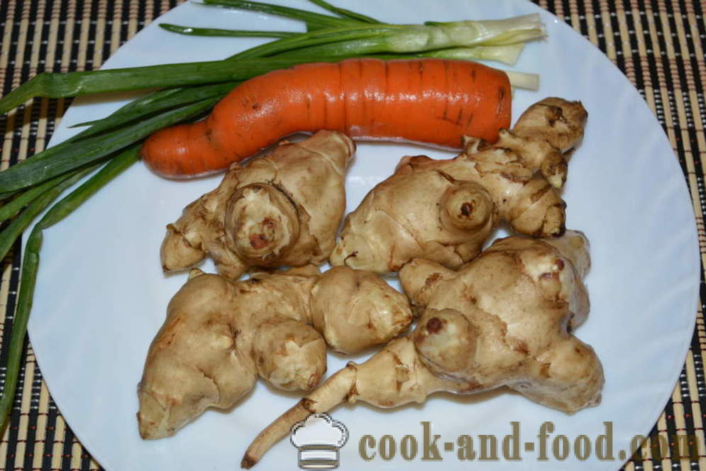 Schmackhafte Salat von Artischocken und Karotten und grünen Zwiebeln - wie ein Salat aus Artischocken und Karotten Rezepte mit einem Foto vorzubereiten