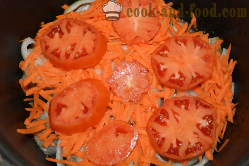Pollock, gedünstet mit Zwiebeln, Karotten und Tomaten in Mayonnaise - Schritt für Schritt, wie Pollack Eintopf mit Gemüse in multivarka zu kochen, das Rezept mit einem Foto