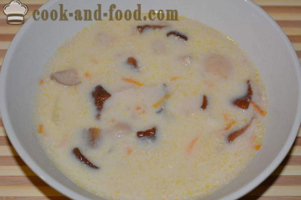 Suppe der weißen frischer Champignons mit Frischkäse - wie Pilzsuppe mit frischen Pilzen kochen und Käse, mit einem Schritt für Schritt Rezept Fotos