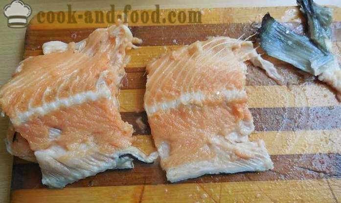 Wie mit einem flüssigen Rauch Graten der roten Fische beizen - einen leckeren Rezepte Rippen gesalzenen Lachs, mit Fotos