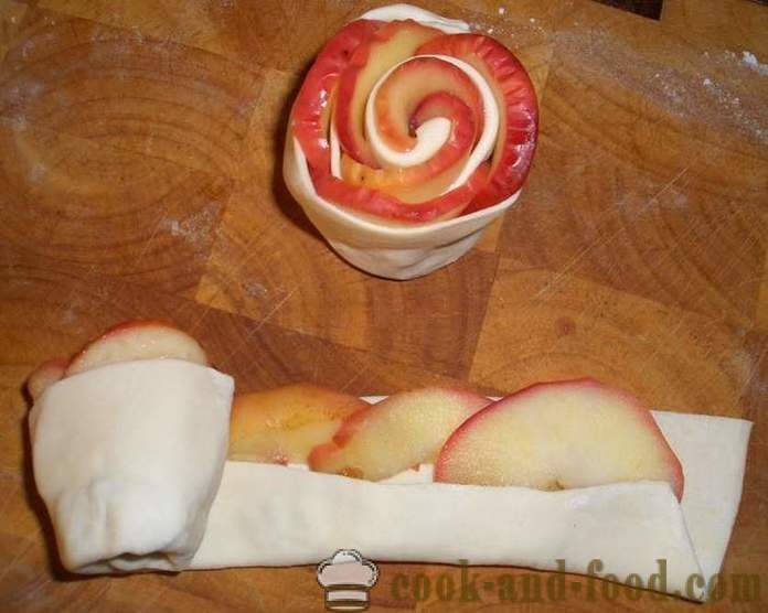 Rosenkuchen aus Blätterteig und Äpfeln unter dem Schnee Puderzucker - das Rezept in dem Ofen, mit Fotos