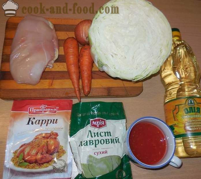 Gedünstetes Kraut mit Huhn, Gemüse und Curry - wie geschmort Kohl kocht mit Fleisch Huhn - ein Schritt für Schritt Rezept Fotos