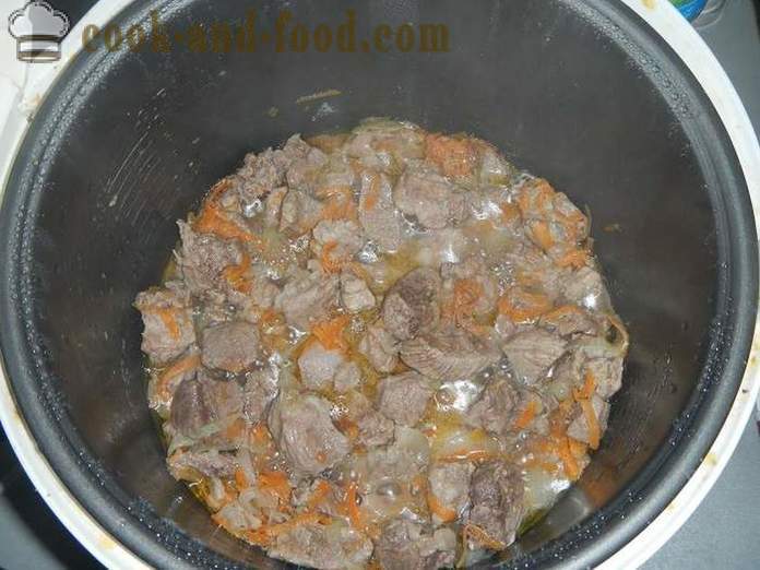 Köstliche Schweinegulasch in Soße multivarka oder Schweinefleisch - ein Schritt für Schritt Rezept mit Fotos, wie Schweinegulasch kochen