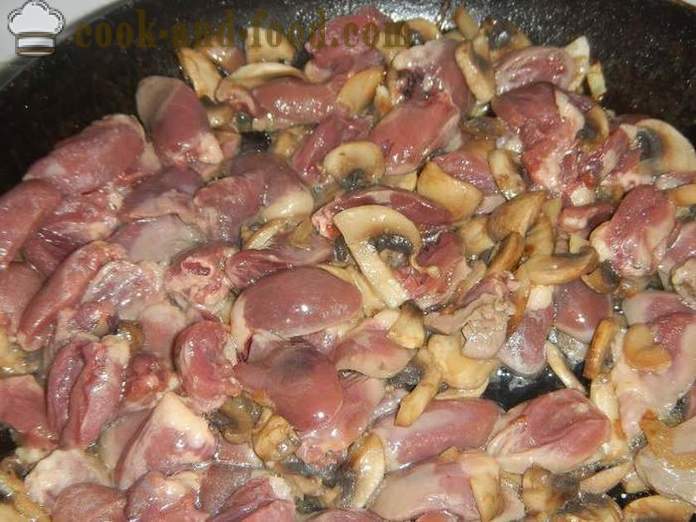 Hühnerherzen gedünstet mit Pilzen - sowohl schmackhaft bereite Herzen, Schritt für Schritt, das Rezept mit einem Foto