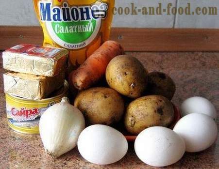 Mimosa Salat - Turn-basiertes klassisches Rezept mit Käse, Butter, Konserven und Kartoffeln (Foto, Video)